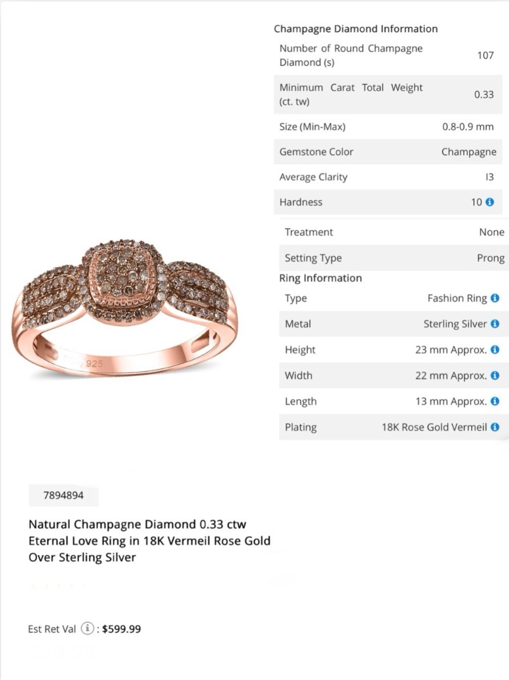 Eternal Love Natural Champagne Diamond Ring in Rose Gold - Women Jewelry
